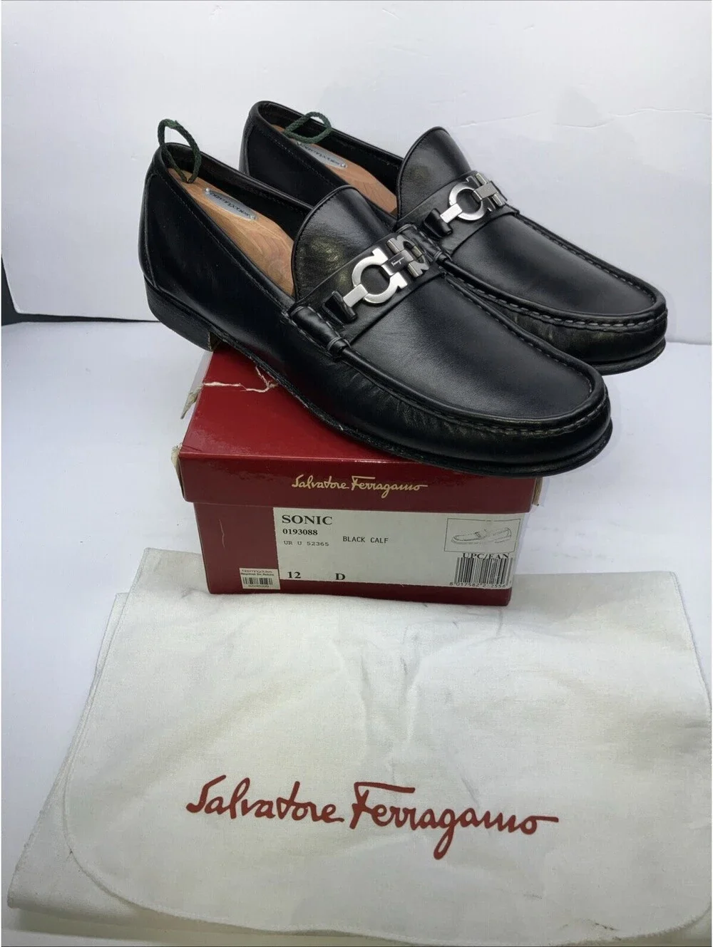 Salvatore Ferragamo Mens SONIC Black Shoes Gancini Silver Bit Loafers 12 D CLEAN